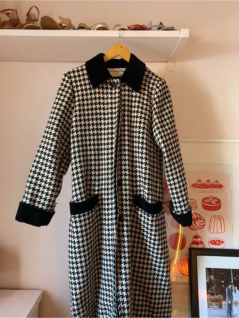 CHRISTIAN DIOR wool & velvet houndstooth coat - Picture 2 of 5